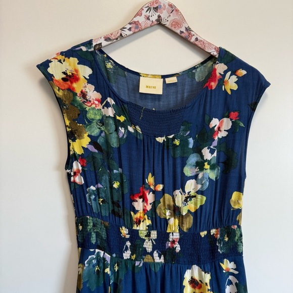 Anthropologie MAEVE Evaline Blue Floral Short Cap Sleeve Dress Smocked S Small - Picture 5 of 10